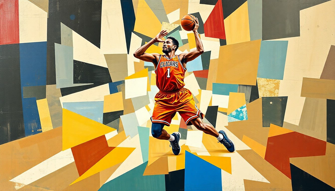 A cubist-style painting depicting a basketball player's movements broken down into sharp, overlapping geometric shapes and planes, conveying the complex decision-making process surrounding Flory Bidunga's future.