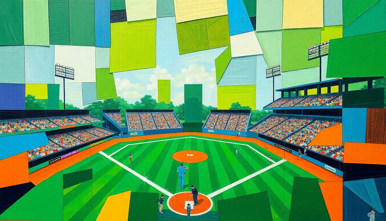 A fragmented, geometric painting in vibrant colors depicting the dynamic movements and energy of a high school baseball game, with players and the field deconstructed into sharp, overlapping planes.
