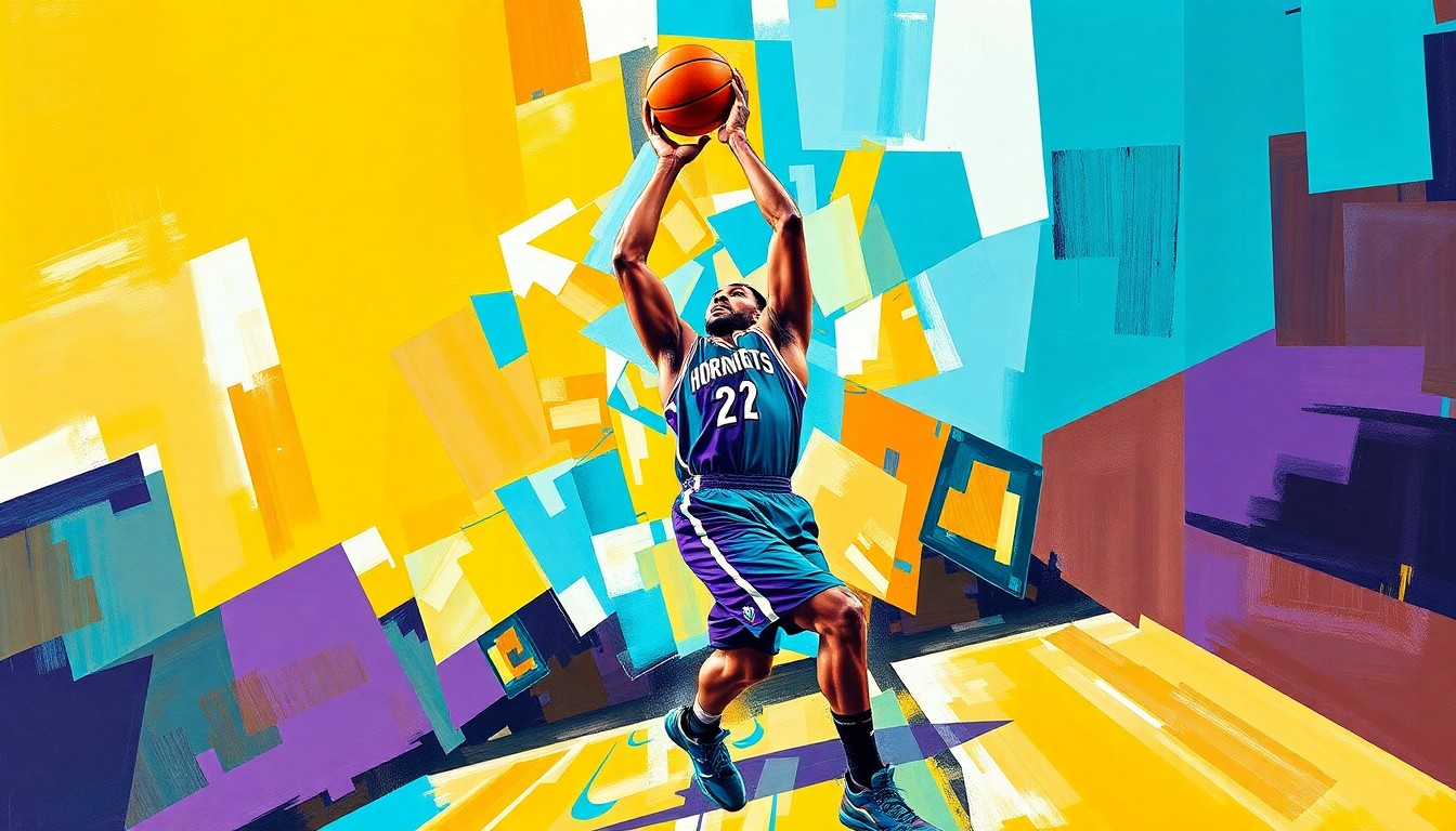 A cubist, geometric painting depicting a basketball player shooting a 3-pointer, with the player's form broken down into overlapping planes of vibrant teal and purple colors.