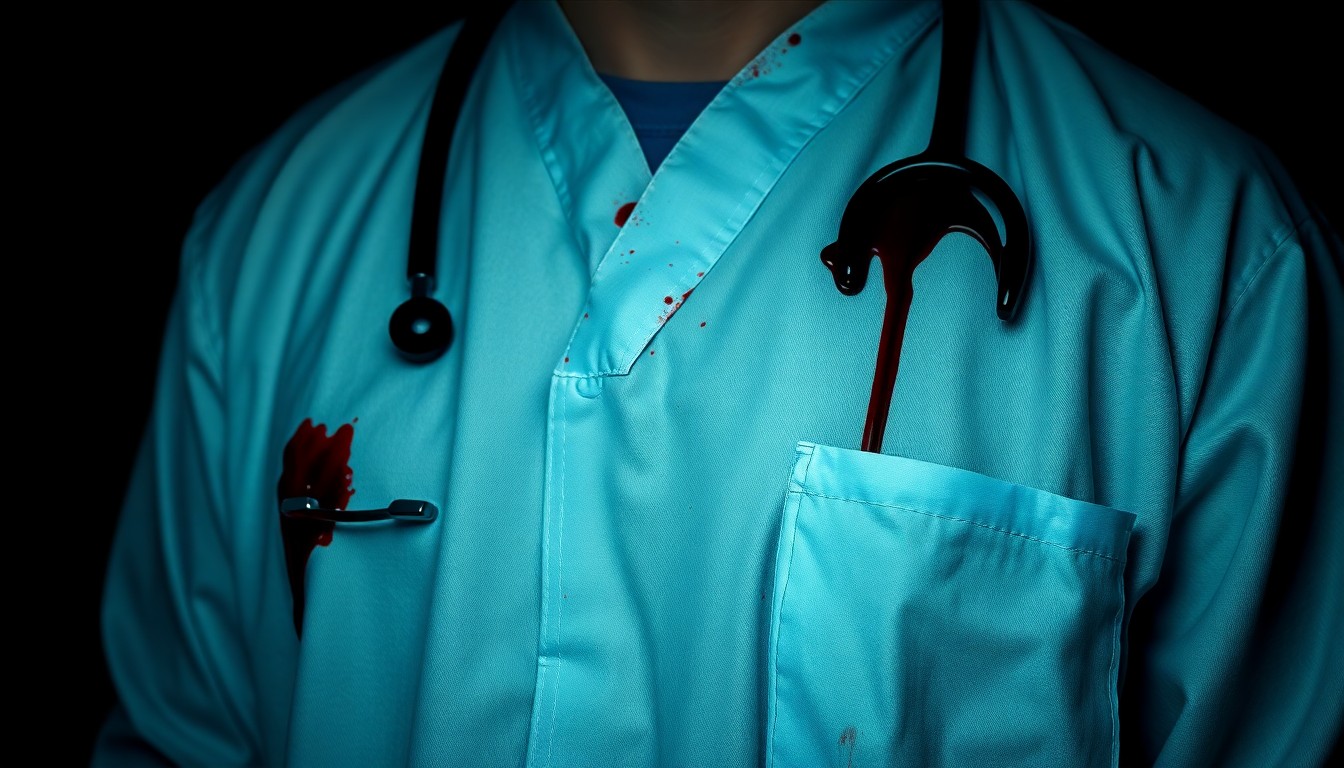 An extreme close-up photograph of a doctor's blood-stained medical gown, the fabric's texture and dramatic lighting creating a conceptual illustration of the personal sacrifice and emotional toll inherent in the medical profession.
