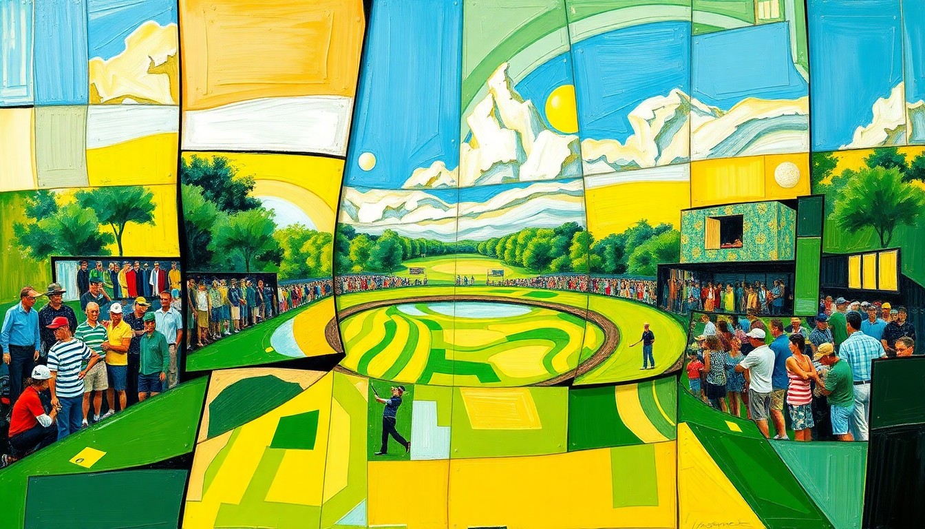 A cubist, geometric painting depicting a fragmented, multi-angled view of a golf tournament scene, with sharp planes of emerald green, sky blue, and golden yellow hues.