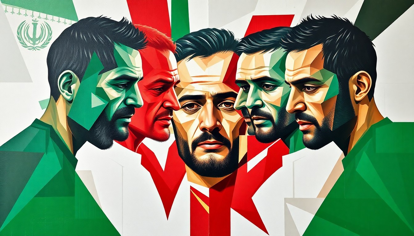 A cubist-style painting depicting the Iranian national football team's preparations for the 2026 World Cup in a deconstructed, geometric style, with the players' figures broken down into sharp, overlapping planes of green, white, and red.