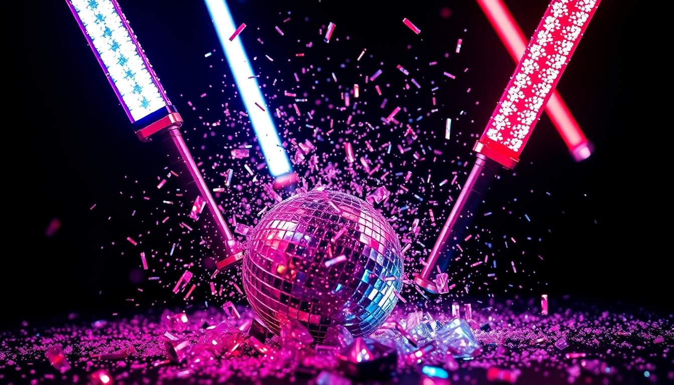 An extreme close-up photograph of shattered glass fragments and metallic lightsaber props, reflecting dramatic studio lighting to create a glamorous, high-energy aesthetic evocative of a Disneyland Star Wars event.