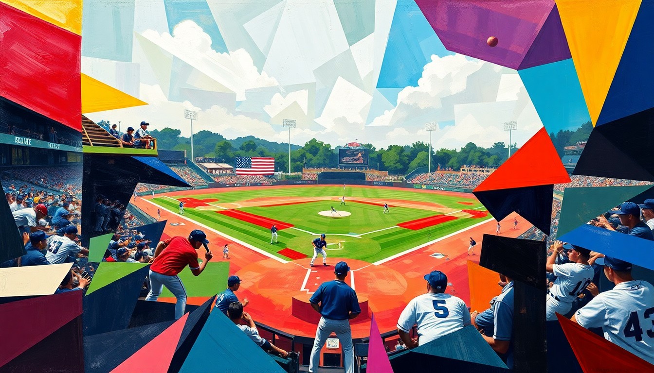 A fragmented, geometric painting depicting a high school baseball game, with players and the field broken down into abstract shapes and colors, capturing the dynamic movement of the sport.