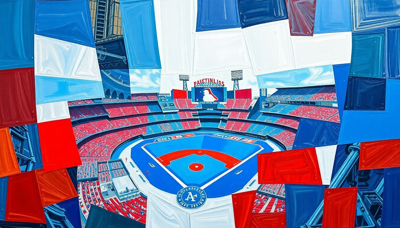 A fragmented, geometric painting featuring overlapping planes of bright blue, red, and white, capturing the energy and movement of a baseball game in an abstract, cubist style.