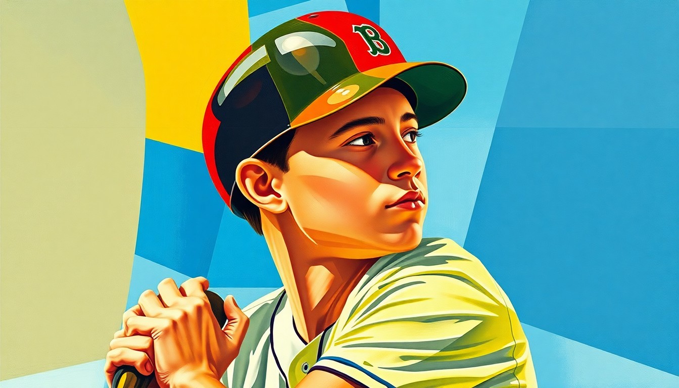 A fractured, cubist-style painting depicting a baseball player in mid-swing, with their body and uniform broken down into overlapping geometric shapes and planes of bright colors, conveying the dynamic energy of a young prospect making his major league debut.
