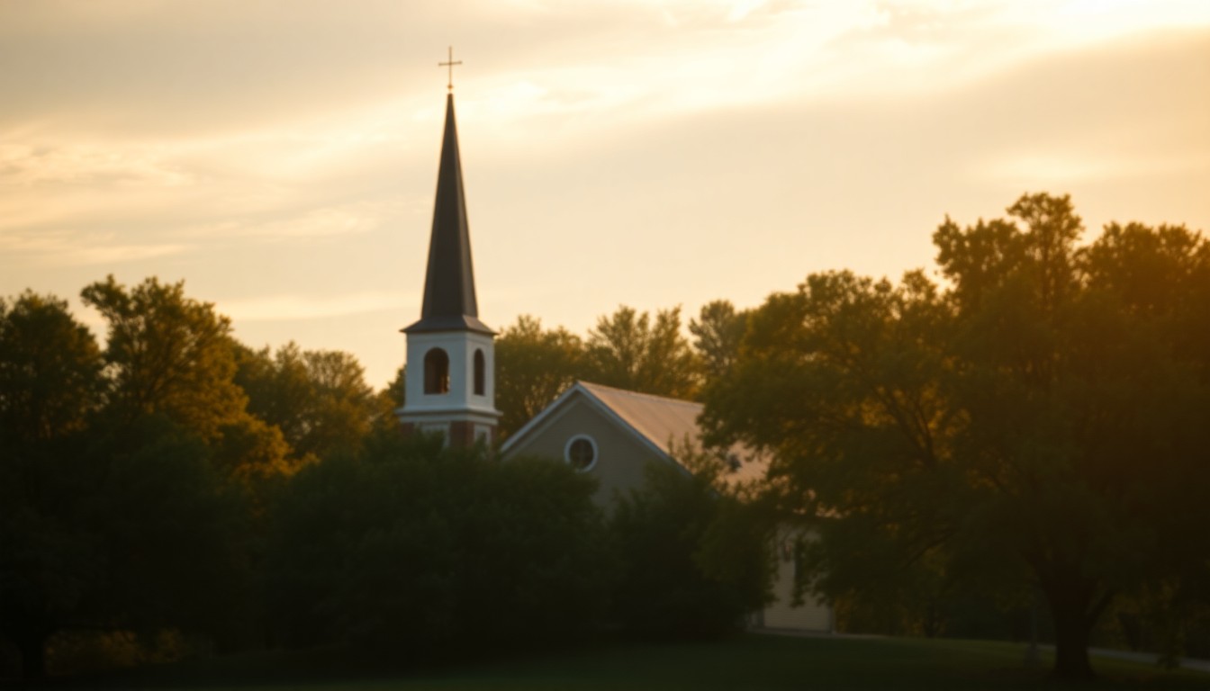 An extremely abstracted, out-of-focus photograph of a church steeple and surrounding trees, composed entirely of soft, warm pools of light and color that evoke a sense of small-town tranquility.