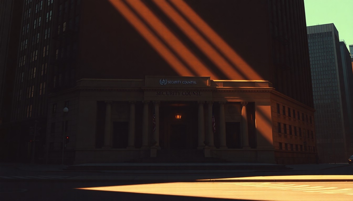 A quiet, cinematic painting of a solitary UN Security Council building in New York City, bathed in warm, diagonal sunlight and deep shadows, conceptually representing the international community's engagement with the Yemen conflict.