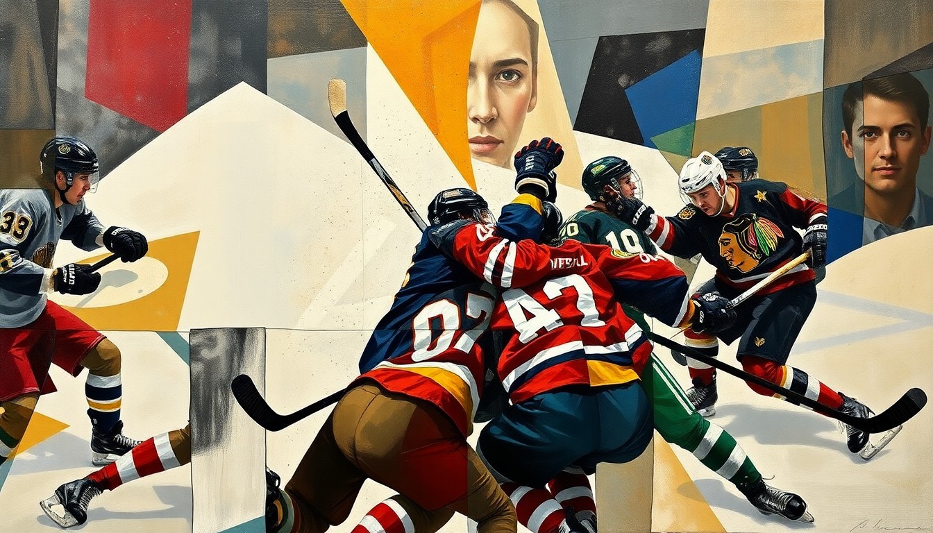A fractured, geometric painting depicting the shapes and planes of hockey players engaged in a physical confrontation, with no recognizable features or identities, conveying the intensity and emotion of the moment.