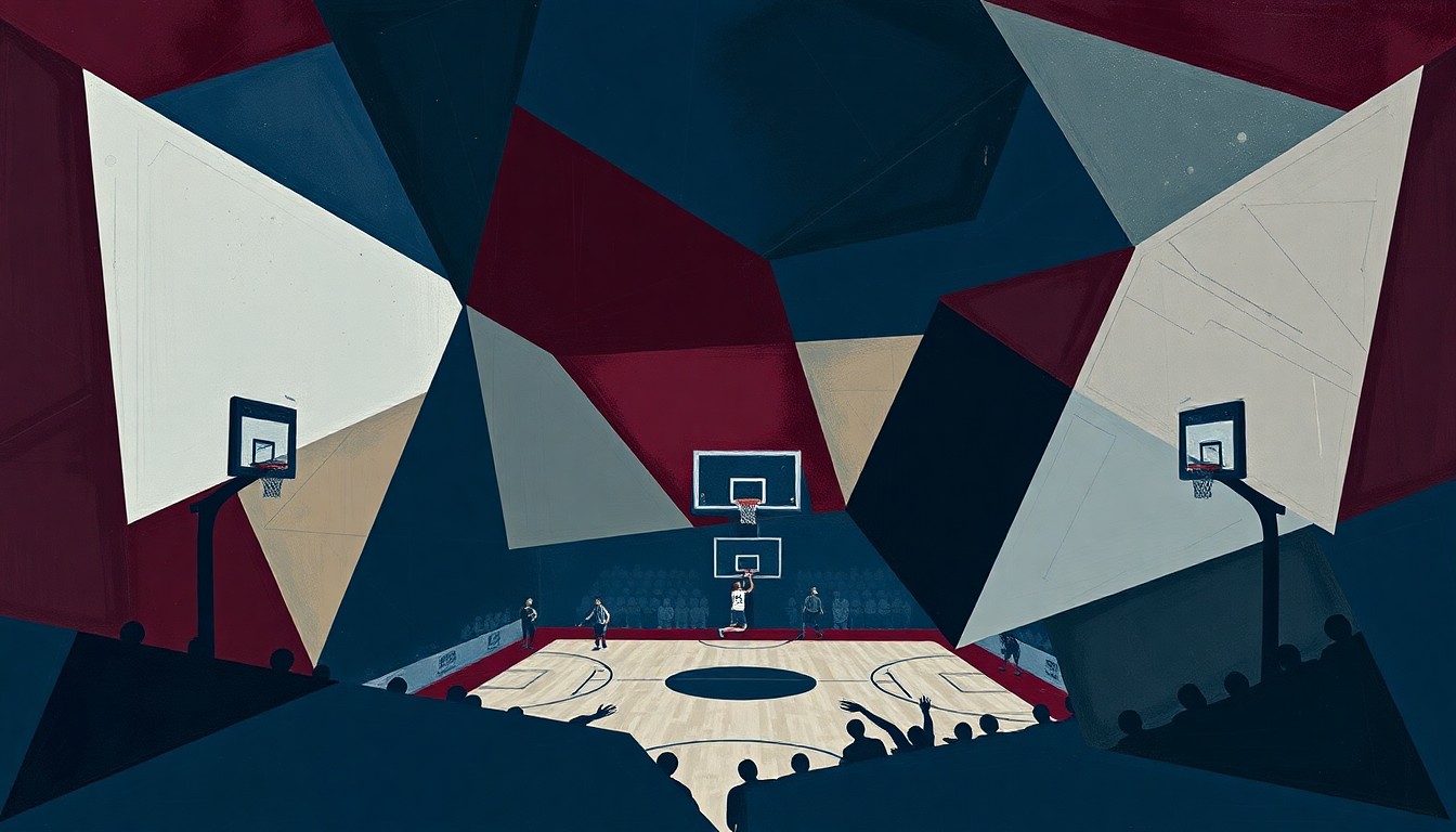 A fragmented, geometric painting in muted navy, burgundy, and grey tones, breaking down a basketball game into sharp, overlapping planes to conceptually represent the negative reaction to the Wizards' April Fools' joke.