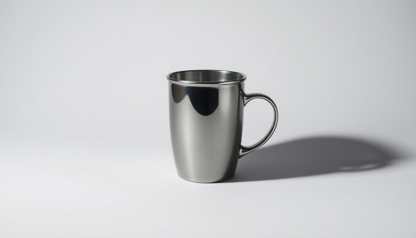 A high-end, photorealistic studio still-life photograph of a single, polished metal coffee cup on a clean, monochromatic background, creating dramatic shadows that symbolize the challenges facing the coffee industry.