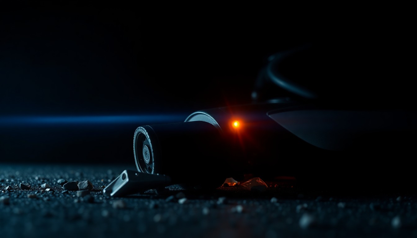 An extreme close-up of a twisted, charred motorcycle part against a dark background, conveying the gritty aftermath of a serious accident.