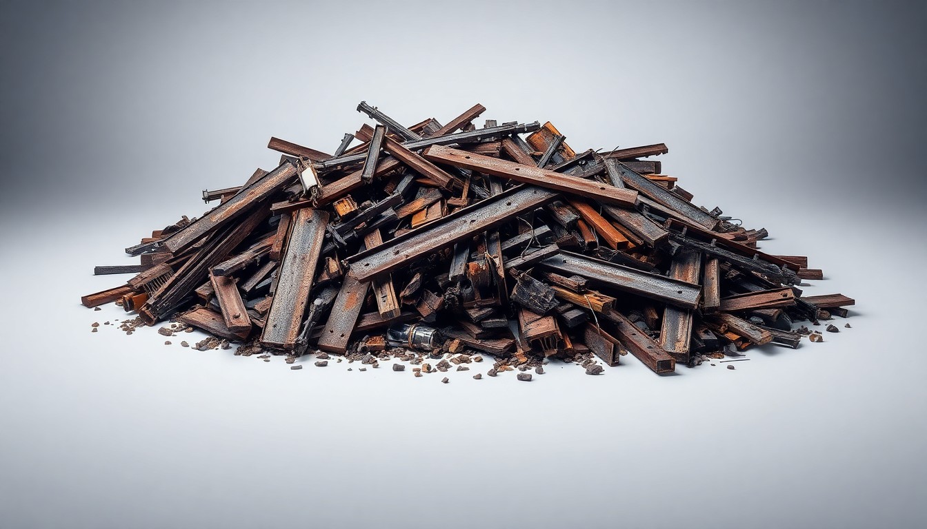 A high-quality, photorealistic studio still-life photograph depicting a carefully arranged pile of rusted railroad debris, including metal, wooden ties, and other discarded materials, against a clean, monochromatic background. The dramatic lighting and shadows create a sense of the neglected infrastructure and environmental concerns in the community.