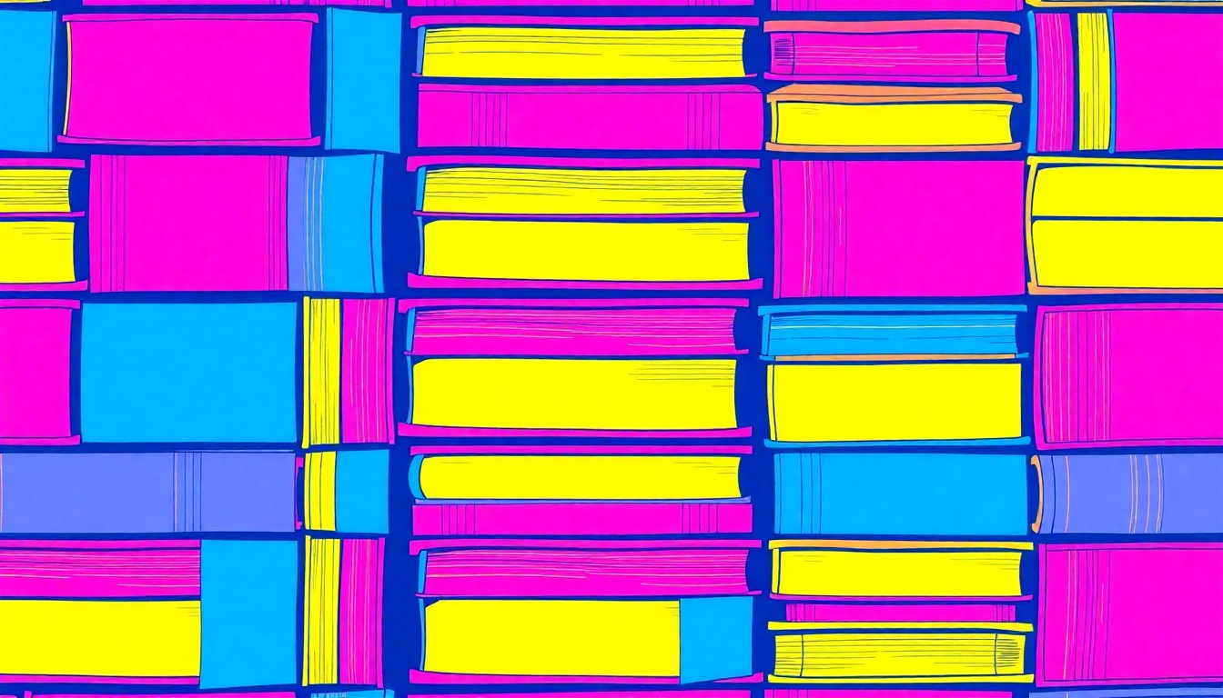 A bold, colorful silkscreen-style illustration featuring a repeating grid of stacked textbooks in neon shades of blue, pink, and yellow, conceptually representing the popularity of the Texas school voucher program.
