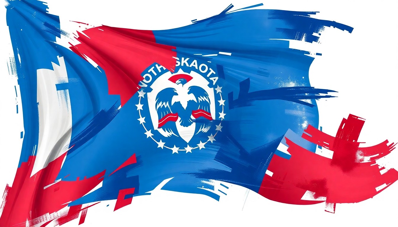 A vibrant, abstract painting featuring overlapping geometric shapes and waves of red, white, and blue colors, conceptually representing the dynamic political landscape of North Dakota's congressional race.