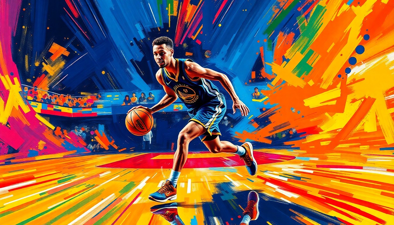 An abstract, energetic painting featuring bold brushstrokes of neon colors that evoke the dynamic movements and energy of a basketball player on the court.