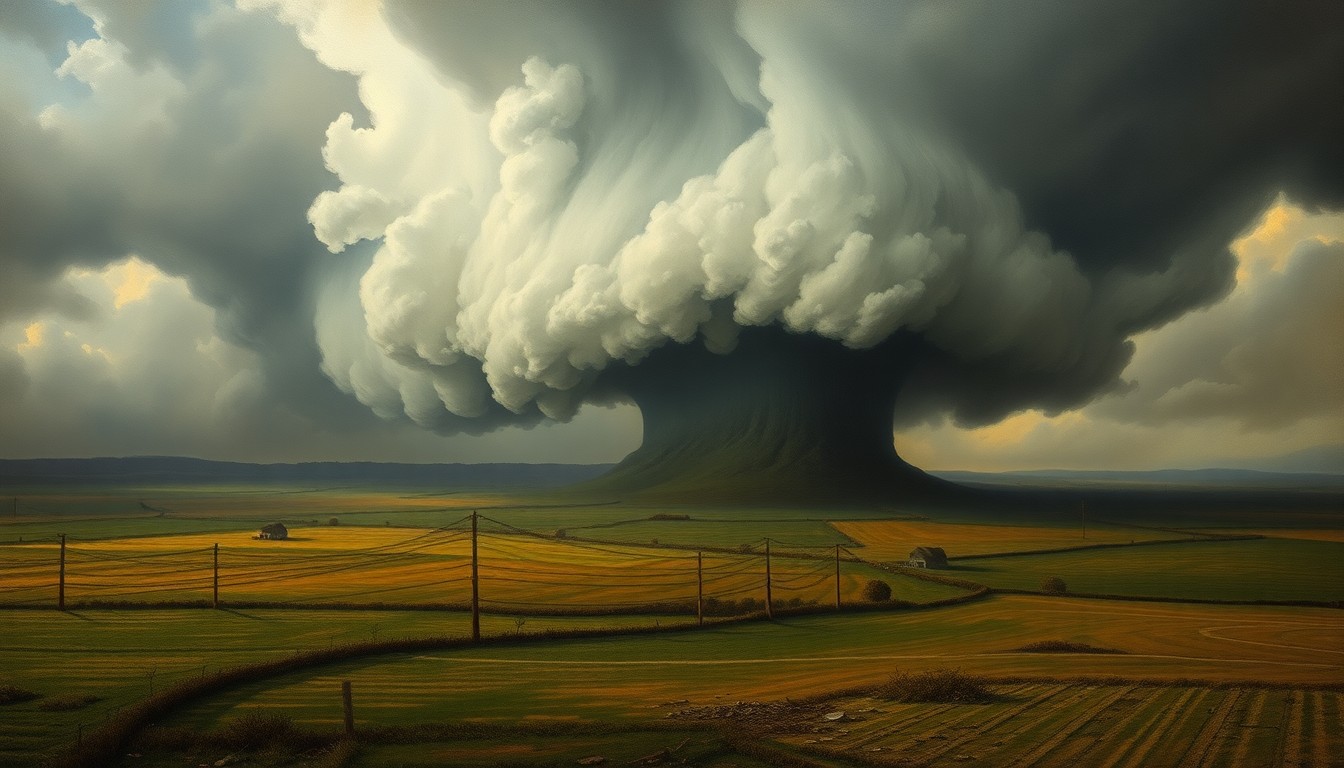 A sweeping, atmospheric landscape painting in muted tones of gray, blue, and green, with a massive, swirling tornado dominating the scene and dwarfing any visible structures or debris.