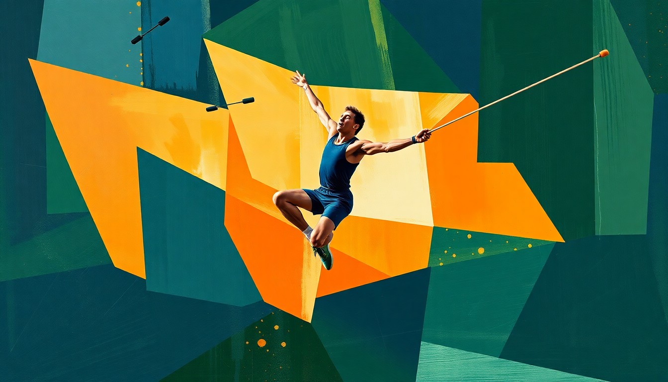 A fractured, cubist-style painting depicting a pole vaulter mid-jump, with the athlete's body broken into sharp, overlapping geometric shapes in a palette of navy, green, and orange, conveying the raw energy and unique perspective of the sport.