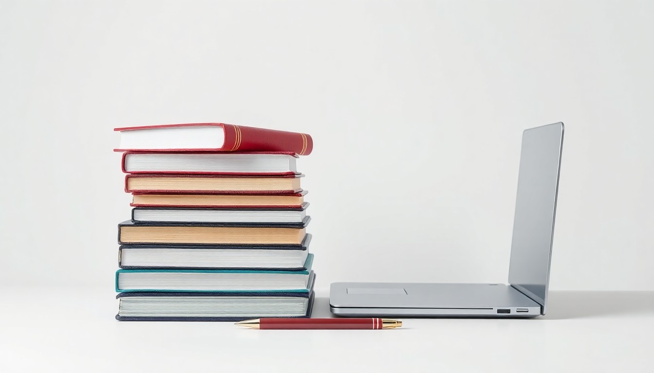 A photorealistic studio still life featuring a stack of university textbooks, a laptop, and a pen arranged on a clean, monochromatic background, conceptually representing the challenges facing higher education staff.