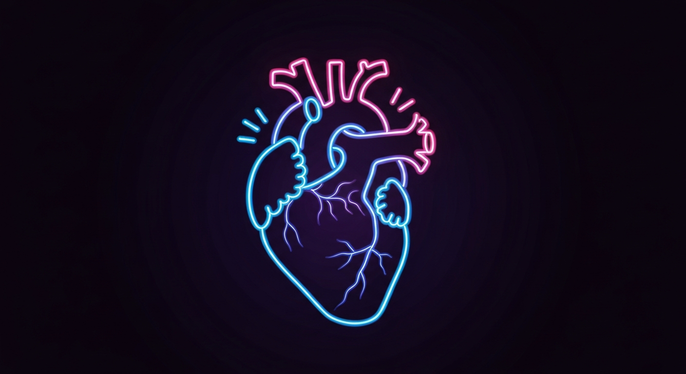 A glowing, vibrant neon outline of a human heart against a dark background, conceptually representing the Harmoni Pendant's focus on optimizing the body's energy field in response to EMF exposure.
