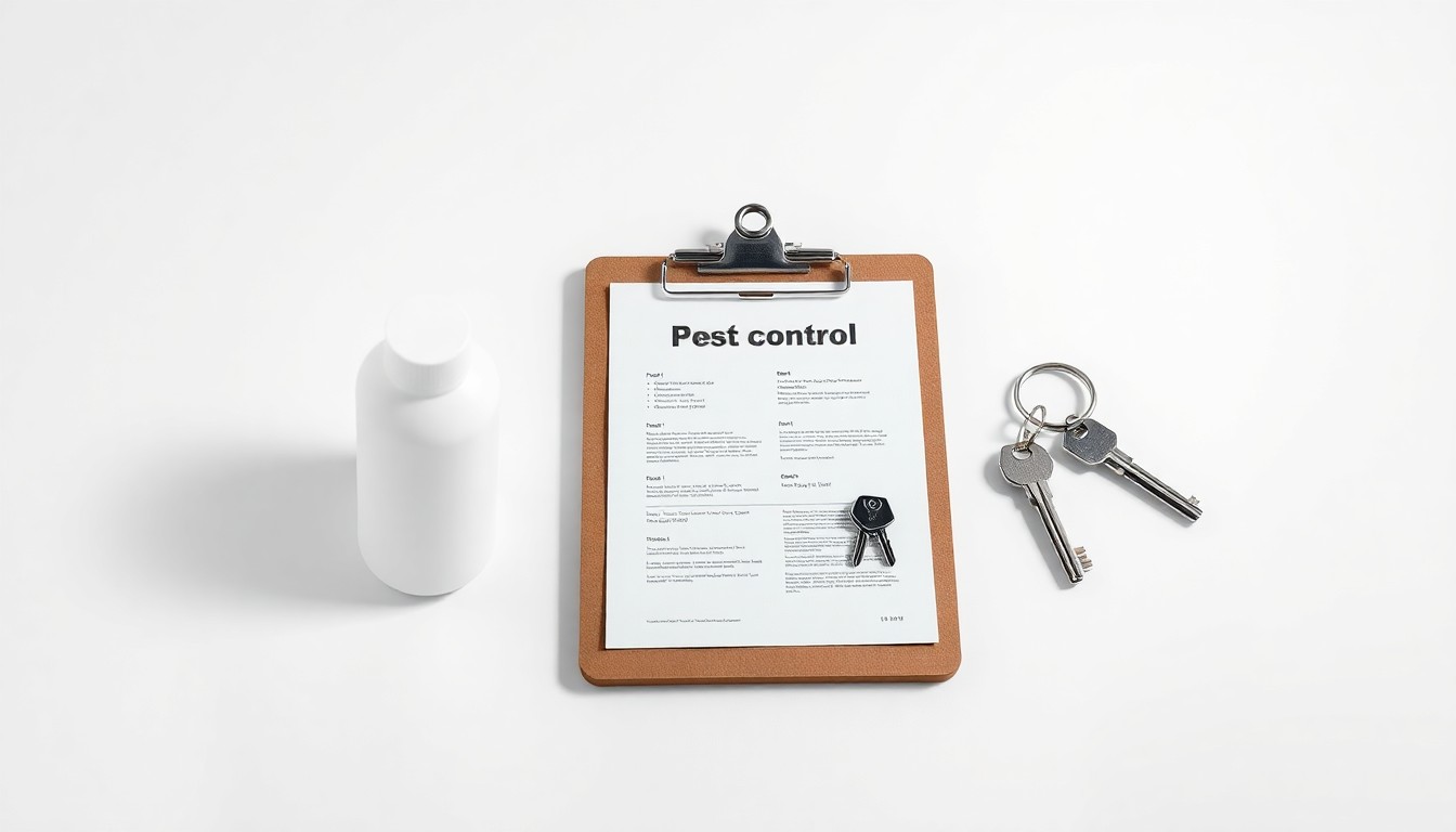 A minimalist studio still life photograph featuring a pest control spray bottle, a clipboard with service paperwork, and a set of keys, all arranged elegantly on a clean, monochromatic background, conceptually representing the operational efficiency and customer service focus of the new pest control service plan.