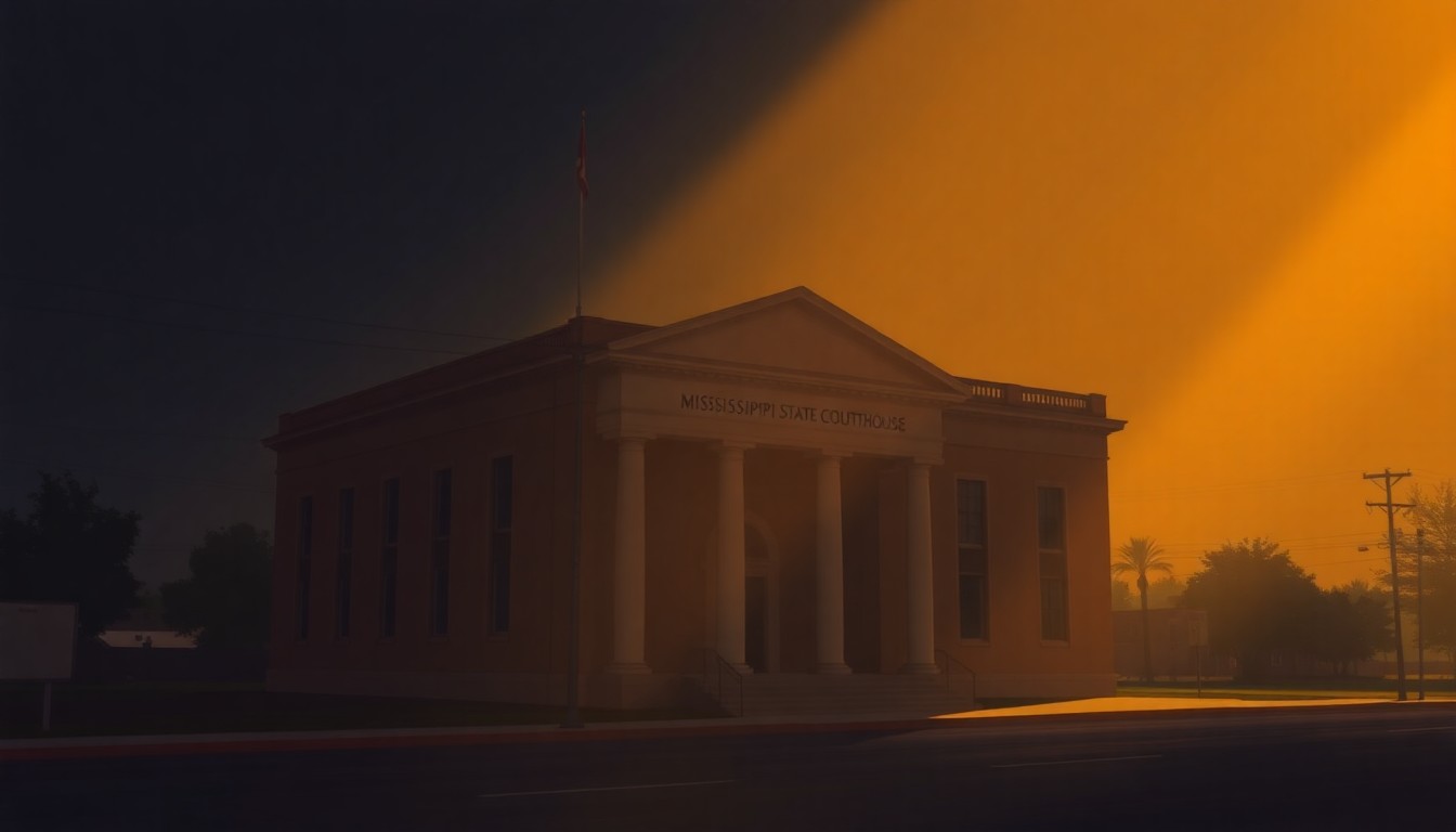 A serene, photorealistic painting of a stately Mississippi state courthouse building, its facade and steps bathed in warm, golden sunlight with deep shadows, conveying a sense of quiet dignity and civic importance.