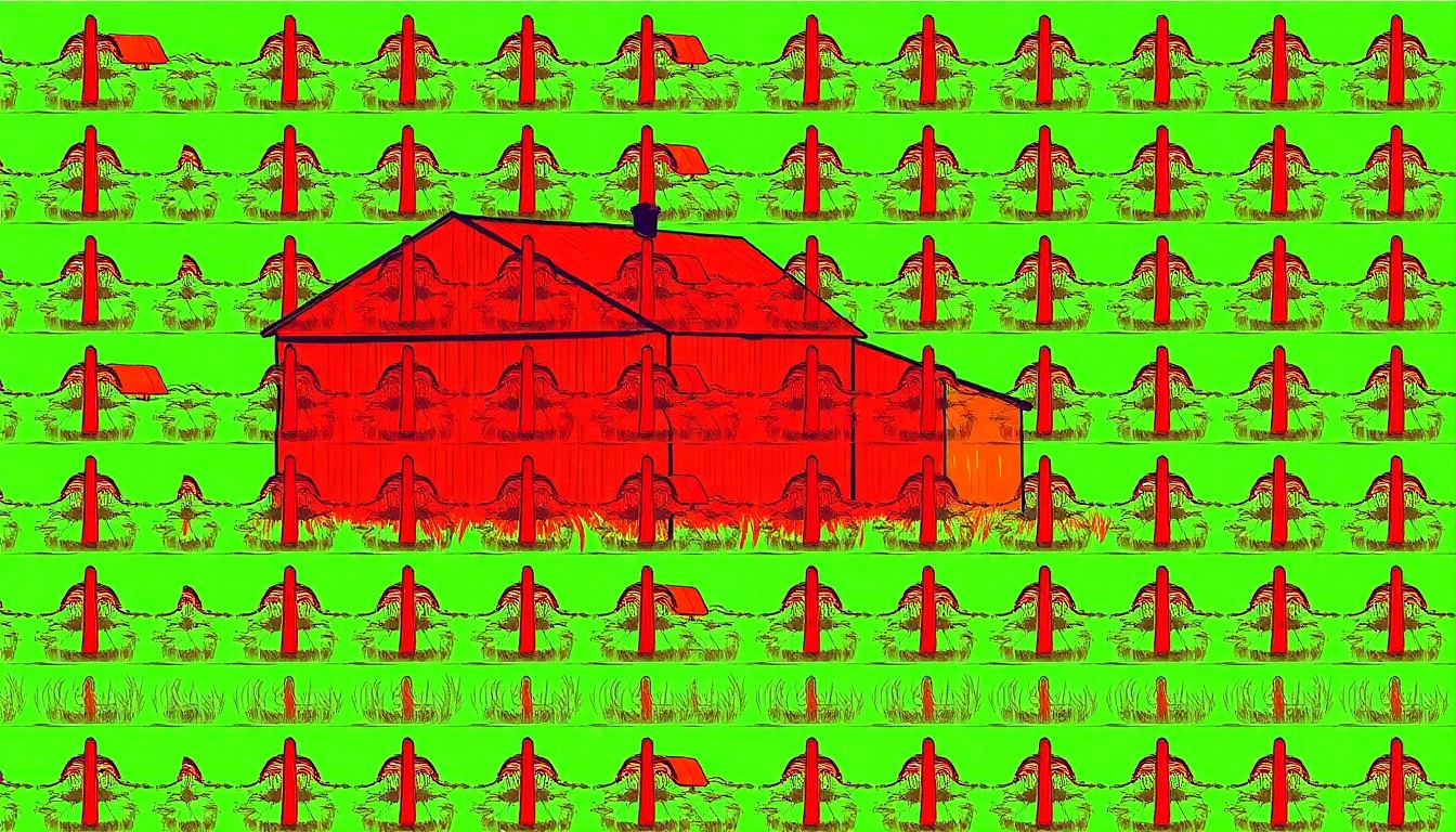 A brightly colored, high-contrast silkscreen print of a rural Montana landscape object repeated in a tight grid pattern, conceptually representing the tension between development and preservation in small towns.