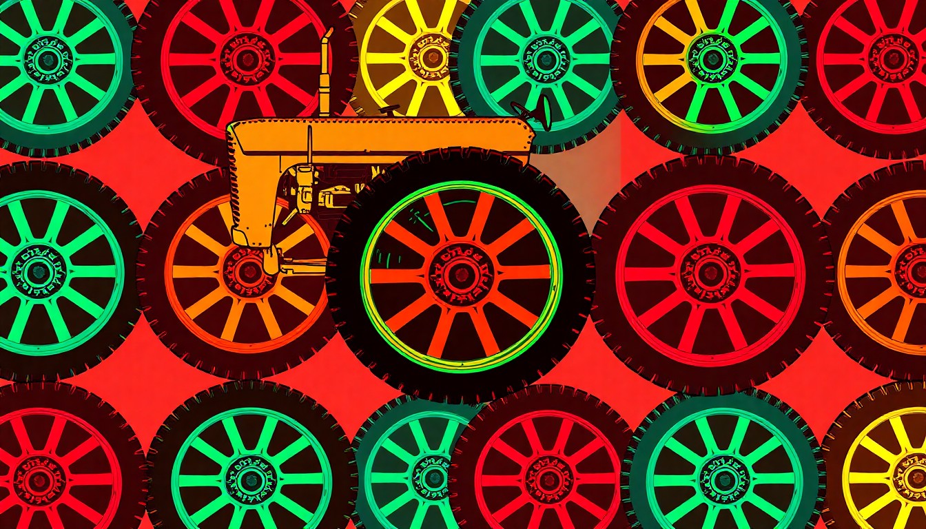 A brightly colored, high-contrast silkscreen print of a vintage tractor wheel repeated in a tight grid pattern, conceptually representing the industrial heritage and community spirit of the Oliver/White reunion.