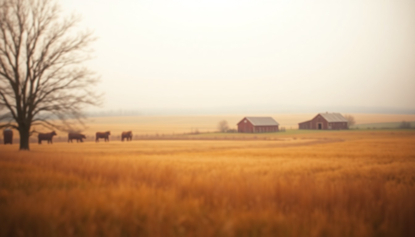An abstract, out-of-focus photograph in muted tones of a rural farm landscape, evoking a sense of nostalgia and the gradual changes in small-town Kentucky.
