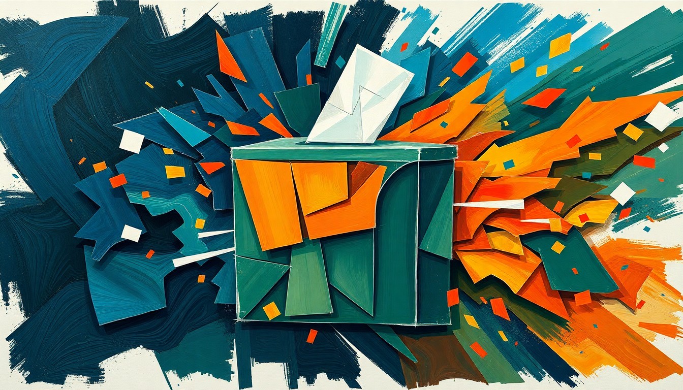 A vibrant, abstract painting of a voting booth or ballot box in overlapping, geometric shapes and colors, conceptually representing the turbulent energy of a political transition.