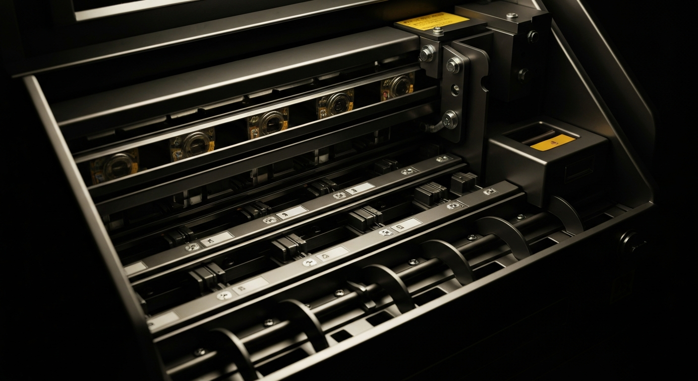 An extreme close-up of the gears, circuits, and metal components of a lottery ticket vending machine, dramatically lit to emphasize the industrial, mechanical nature of the device as a metaphor for the financial systems behind lottery winnings.