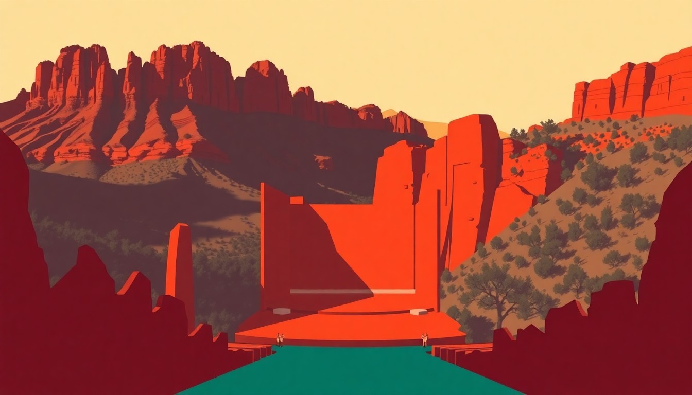 An abstract composition of jagged, geometric shapes in earthy tones, conceptually representing the abandoned Sedona Cultural Park amphitheater and the community's push to revive it.