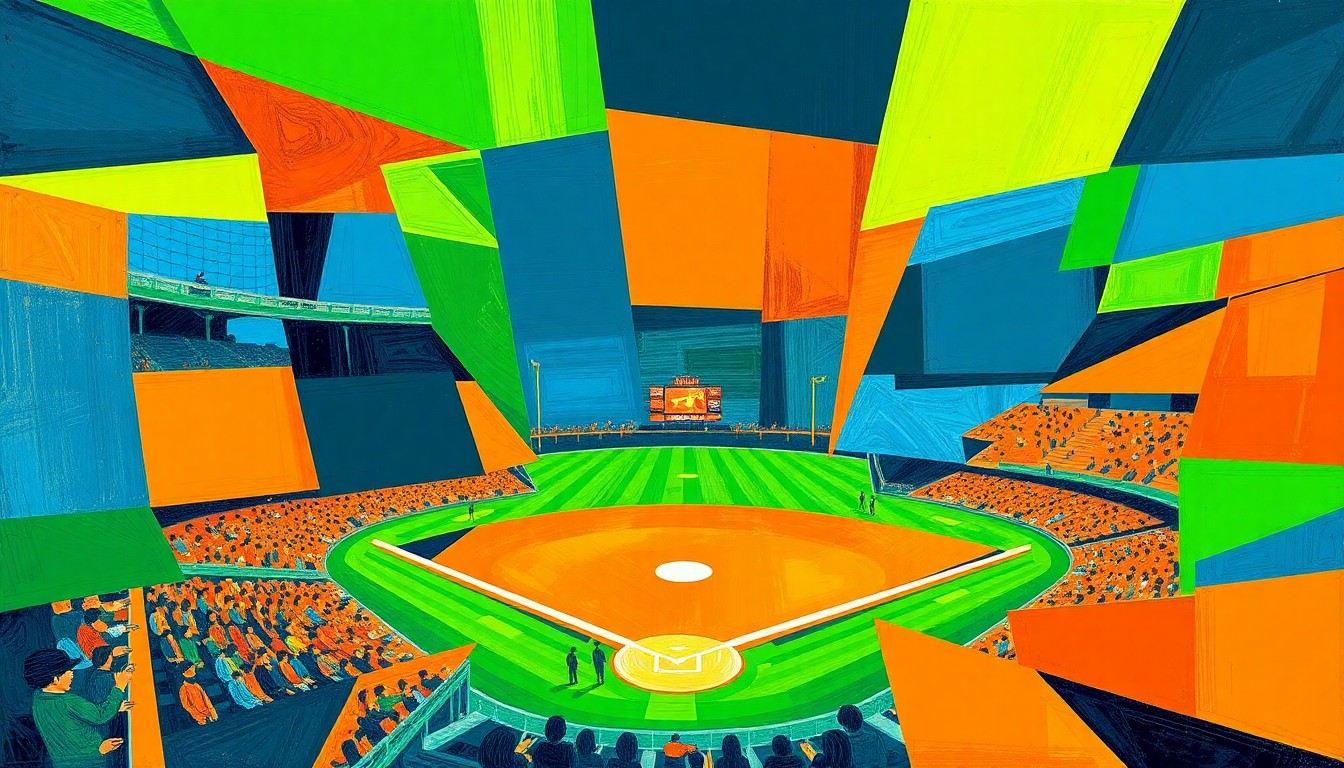 A cubist, geometric painting depicting the action and energy of a high school baseball game, with sharp planes of color and overlapping perspectives creating a dynamic, abstract visual.