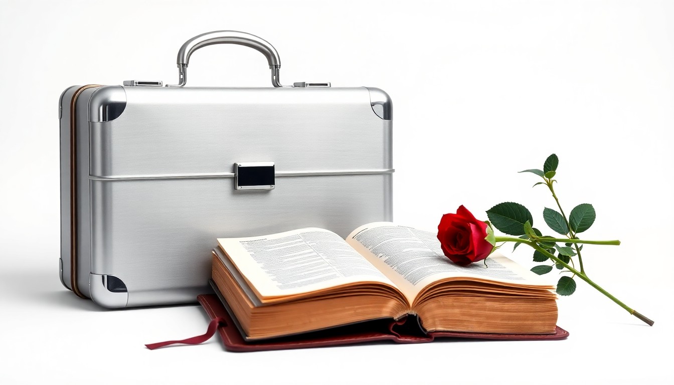 A minimalist studio still life featuring a polished metal briefcase, a leather-bound ledger, and a single red rose on a clean white background, conceptually representing the business and financial aspects of the private capital deals mentioned in the story.