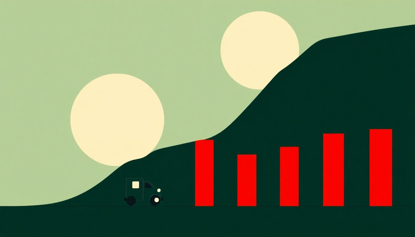 A geometric composition of overlapping triangles and rectangles in shades of blue, yellow, and red, conceptually representing the rapid rise in diesel prices in Arizona and the West due to the Iran conflict.