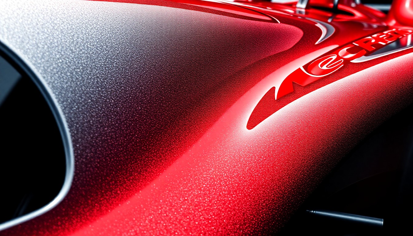 An extreme close-up photograph of the reflective, metallic bodywork panels of a Formula 1 race car, capturing the sleek, high-tech aesthetic of the sport in dramatic, high-contrast studio lighting.