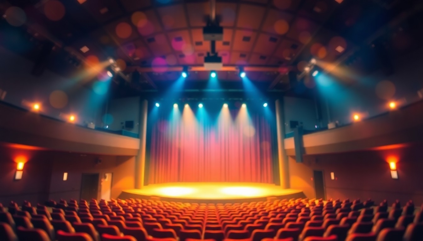 A soft, impressionistic photograph of the interior of a community theater, with warm pools of light and color highlighting the stage, seats, and backstage areas, conveying a sense of the magic and creativity that goes into live performances.