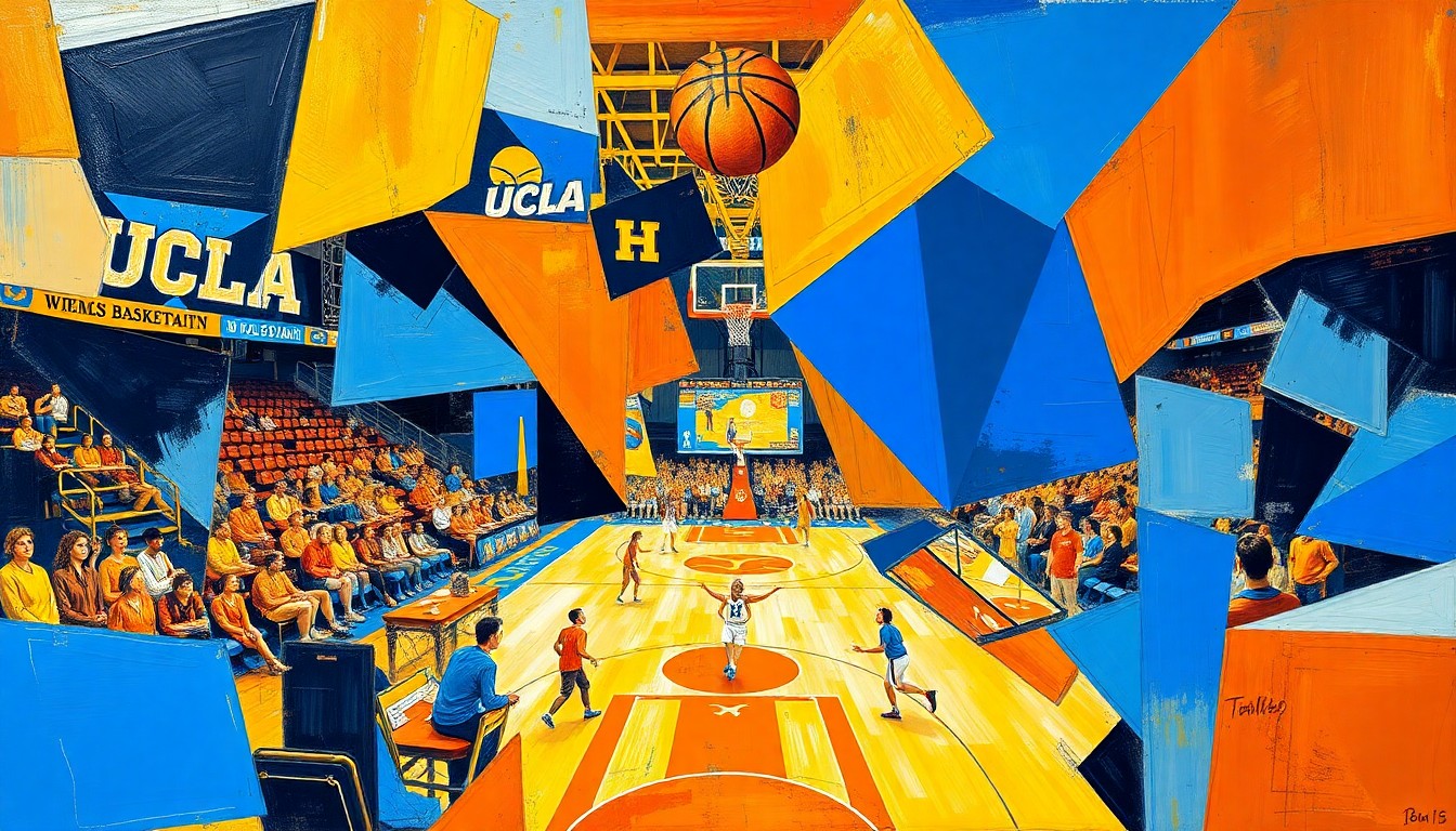 A cubist, geometric painting depicting a women's basketball game, with overlapping planes of UCLA blue and gold, and Texas orange, capturing the dynamic action and energy of the matchup.