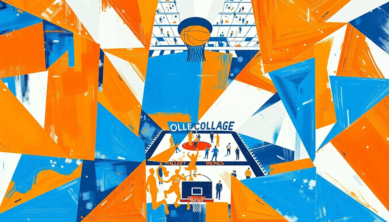 A fragmented, geometric painting in bold colors depicting the action and intensity of a college basketball game, conveying the spirit of the Illini's successful tournament campaign.