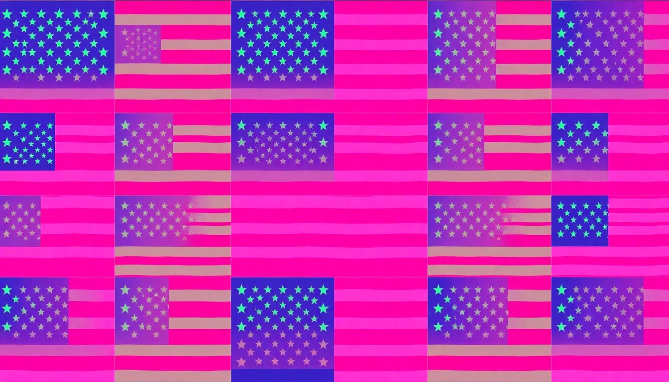 A bold, colorful silkscreen print featuring the American flag repeated in a grid pattern, with flat, neon-like colors and heavy black outlines, conceptually representing the celebratory spirit of the Gettysburg Film Festival's 250th anniversary theme.