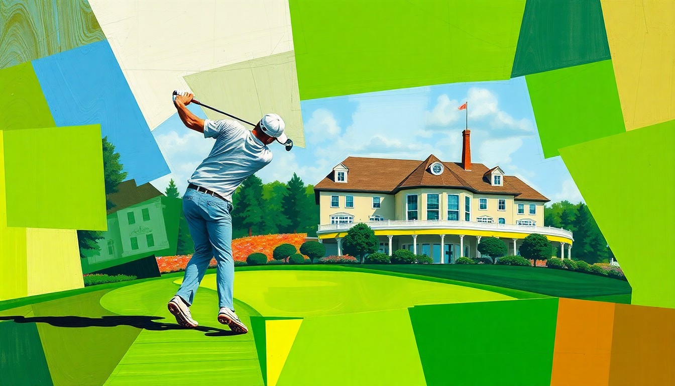 A cubist, geometric painting depicting a fractured, multi-perspective view of a golfer's swing and the iconic Augusta National clubhouse, rendered in vibrant shades of green, brown, and blue.