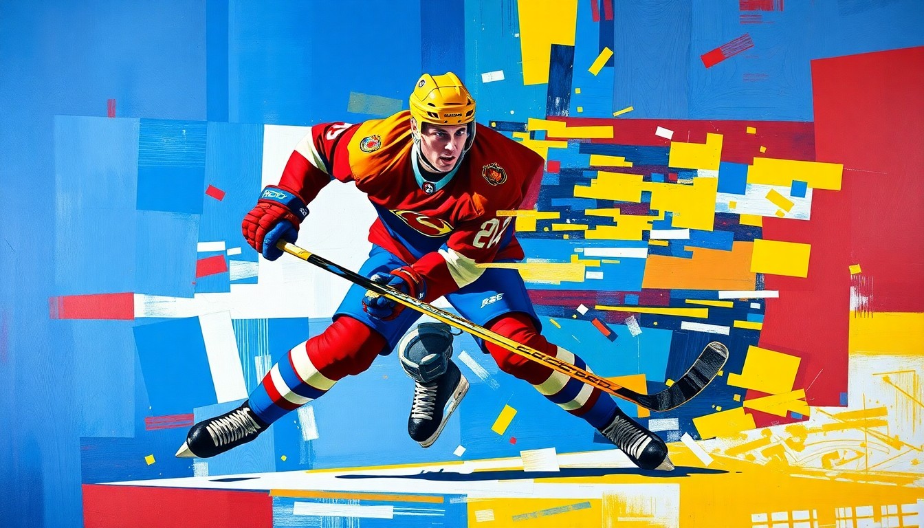 A fractured, multi-perspective painting featuring sharp, overlapping geometric planes in vibrant blues, reds, and yellows, conceptually representing the dynamic motion of a hockey player.