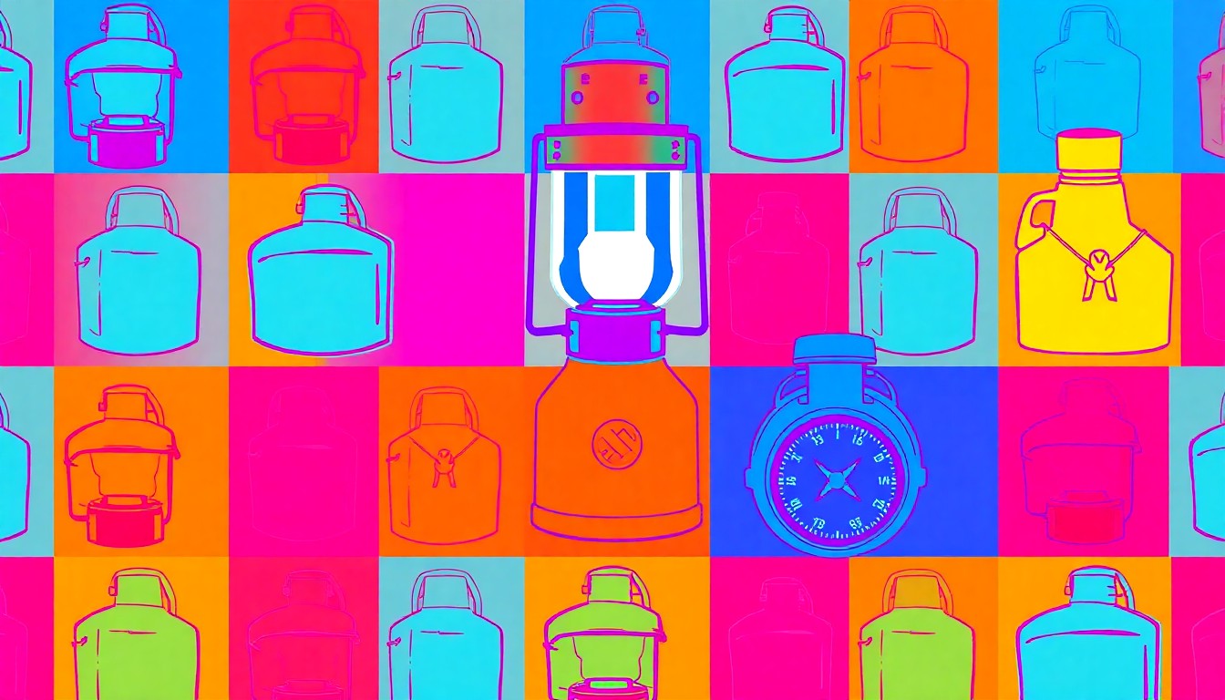 A brightly colored, high-contrast silkscreen-style illustration featuring a repeated pattern of a camping lantern in shades of neon green, yellow, and blue, conceptually representing the adventurous spirit and hands-on activities of the Boy Scout troop.