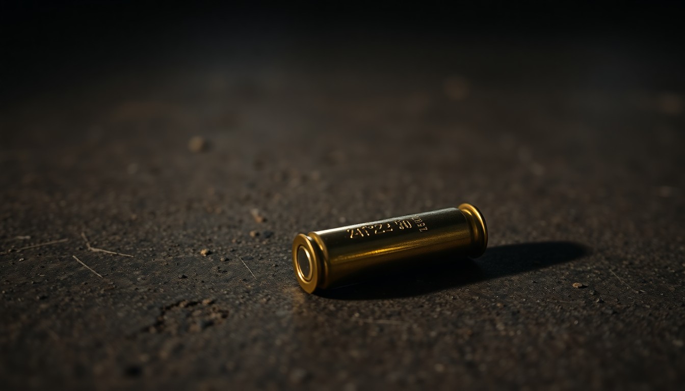 An extreme close-up photograph of a single spent bullet casing on a dark concrete surface, conceptually illustrating the aftermath of a shooting incident.