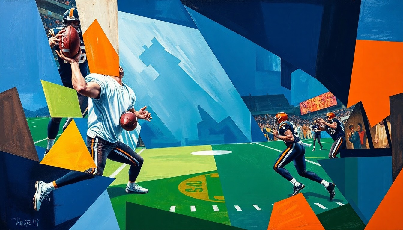 A cubist, geometric painting depicting a college football quarterback in motion, with sharp, overlapping planes of navy, orange, and green conveying the dynamic energy of the sport.
