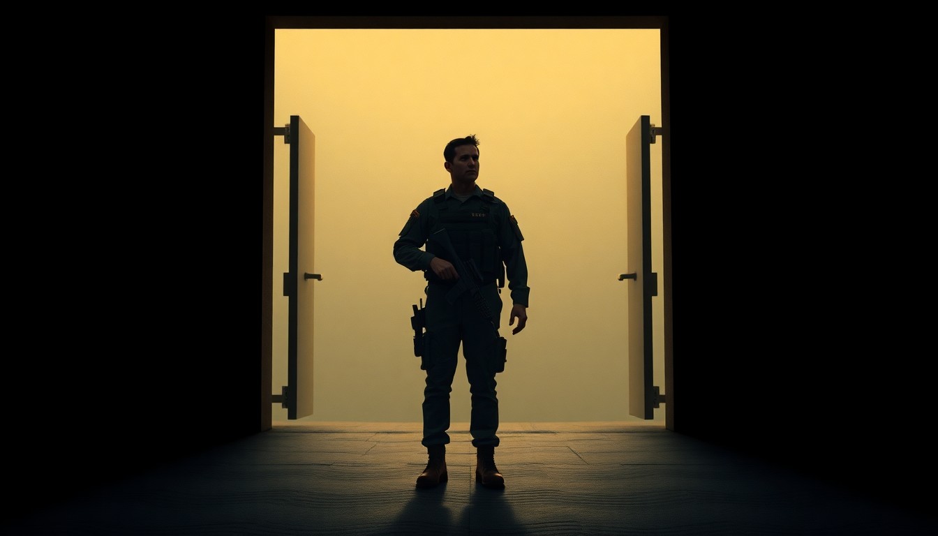 A solitary military service member standing alone in the shadows of a dimly lit military base entrance, holding a holstered handgun and looking out into the distance with a contemplative expression. The muted earth tones and warm, diagonal lighting create a sense of quiet tension.