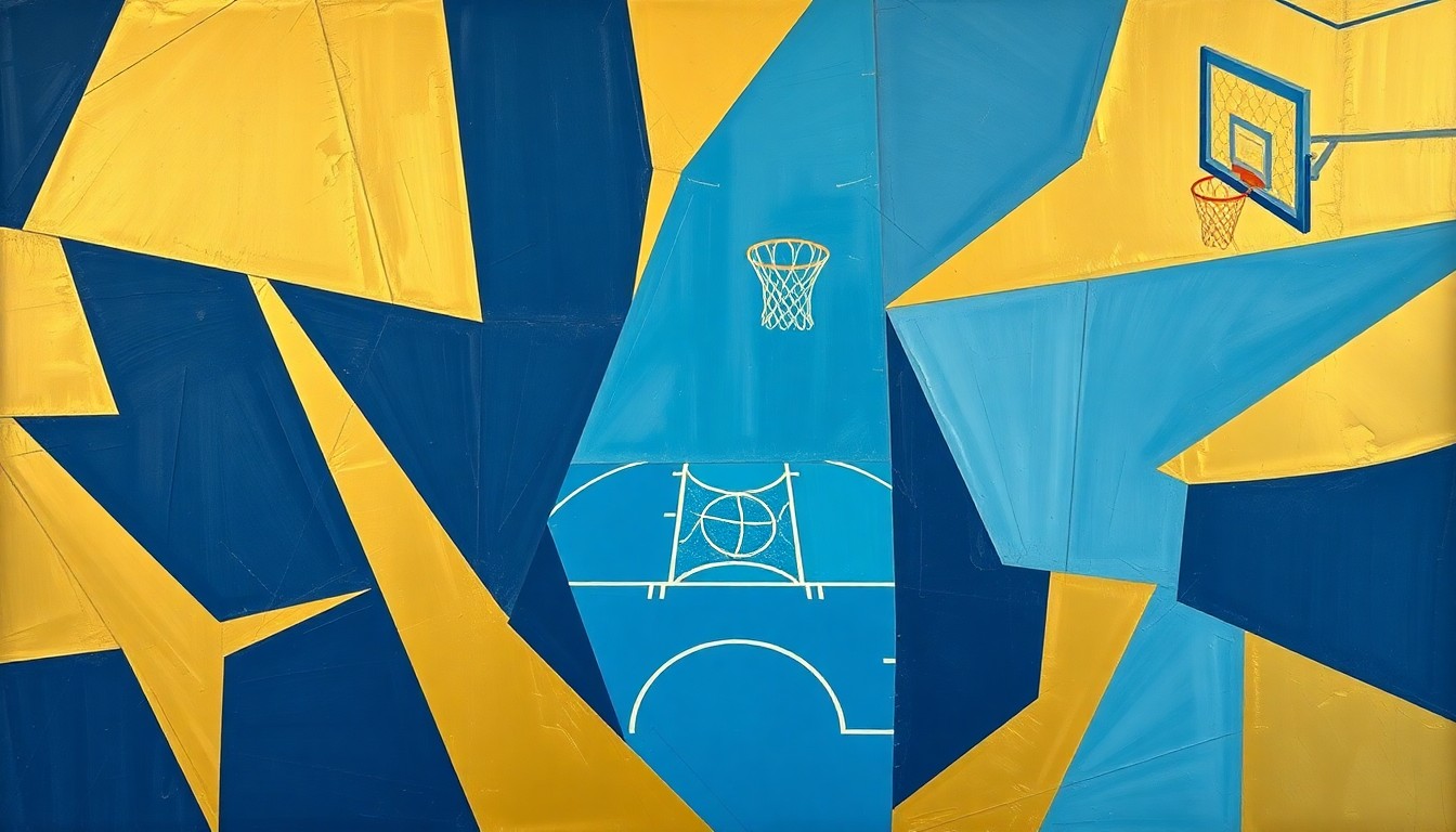 A fractured, cubist-style painting depicting a basketball game broken down into sharp, overlapping geometric shapes in navy, powder blue, and gold, conveying the intensity and drama of a last-second defeat.
