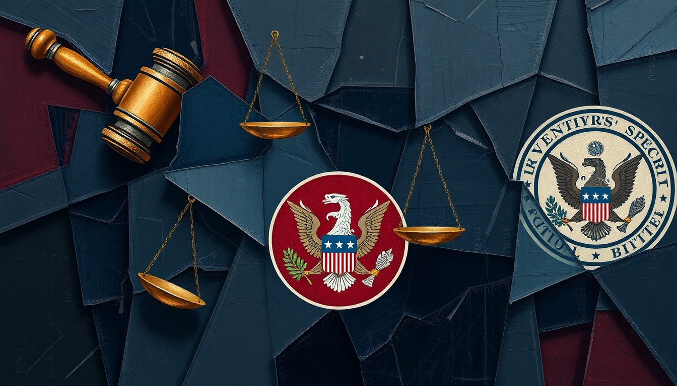 A dynamic, fragmented painting featuring the symbols of justice - a gavel, scales, and a government seal - repeated in overlapping geometric waves of dark blue, gray, and red, conveying a sense of instability and disruption in the legal system.