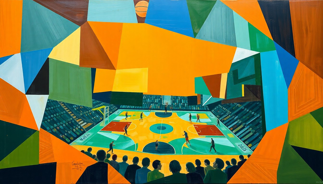 A cubist-style painting depicting a basketball game broken down into sharp, overlapping geometric shapes in vibrant colors, conveying the energy and intensity of the NIT semifinal matchup.