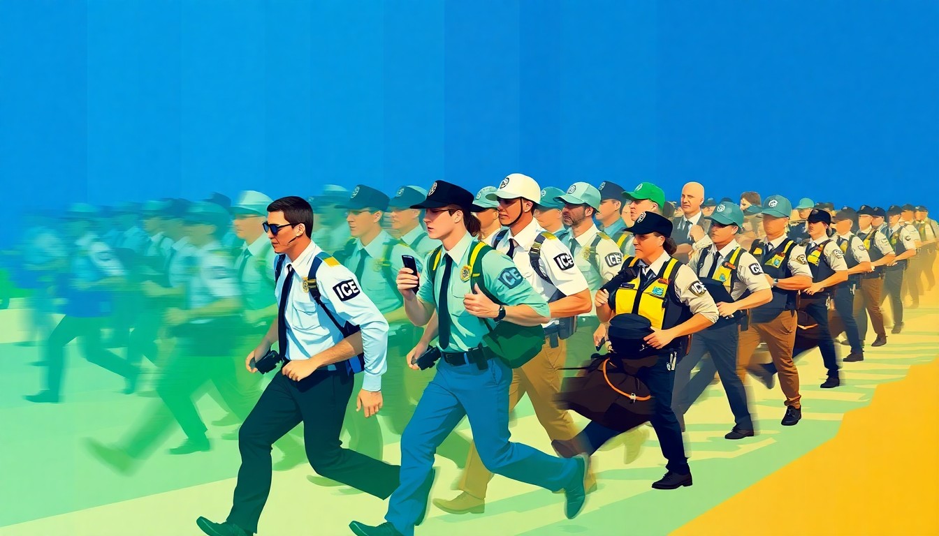 A dynamic, abstract painting of ICE agents and TSA workers in motion, with overlapping geometric shapes and vibrant colors representing the chaos and disruption at the Atlanta airport.